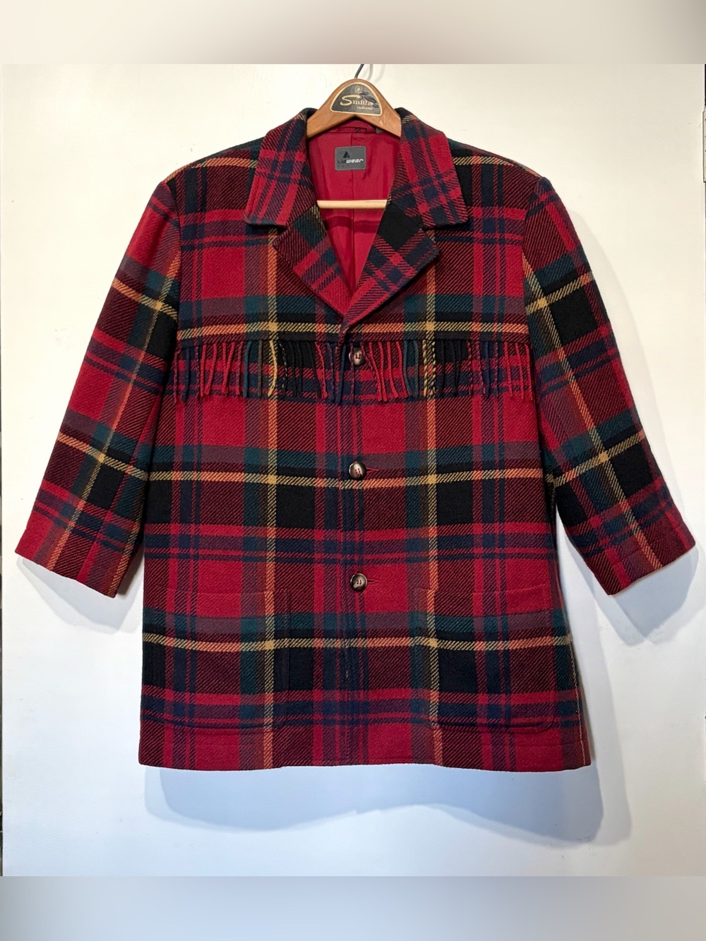 Vintage- Lizwear- Plaid Red Fringe-Trim Wool Pea Coat